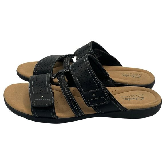 Clarks Elizabelle Ave Women Flat Slide Sandals Black Leather Adjustable Size 9.5 - Picture 5 of 8